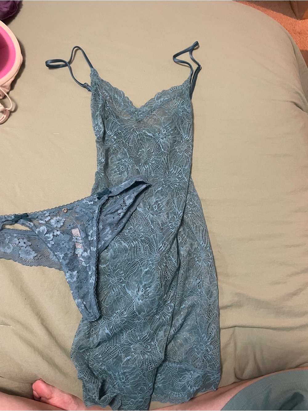 Victoria's Secret Blue Lace Chemise with Matching Thong